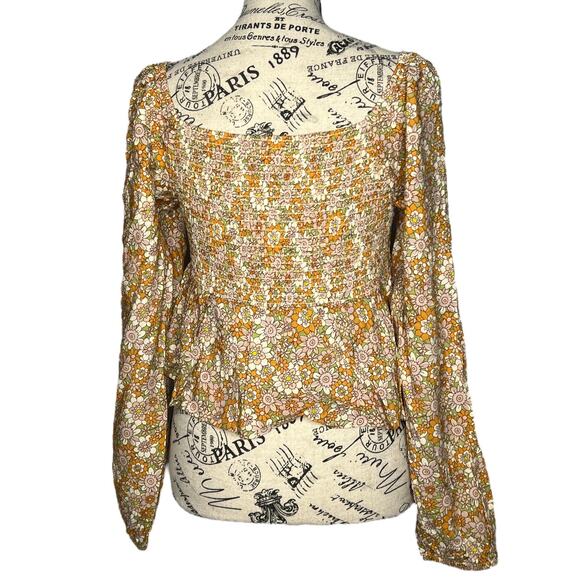 Daisy & Delilah (M) Floral Smocked Long Sleeve Peasant Top Tie Front Crop Blouse - Picture 5 of 16